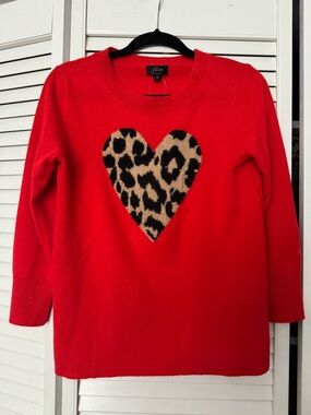 NWT J. Crew Red Cashmere Sweater with Leopard Heart Applique S